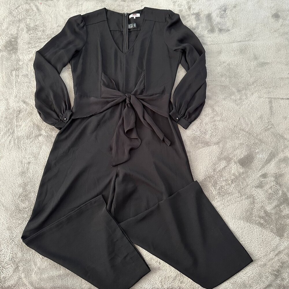 Parker Black Long Sleeve Wide Leg Crop Jumpsuit Women's 12 Tie Front
